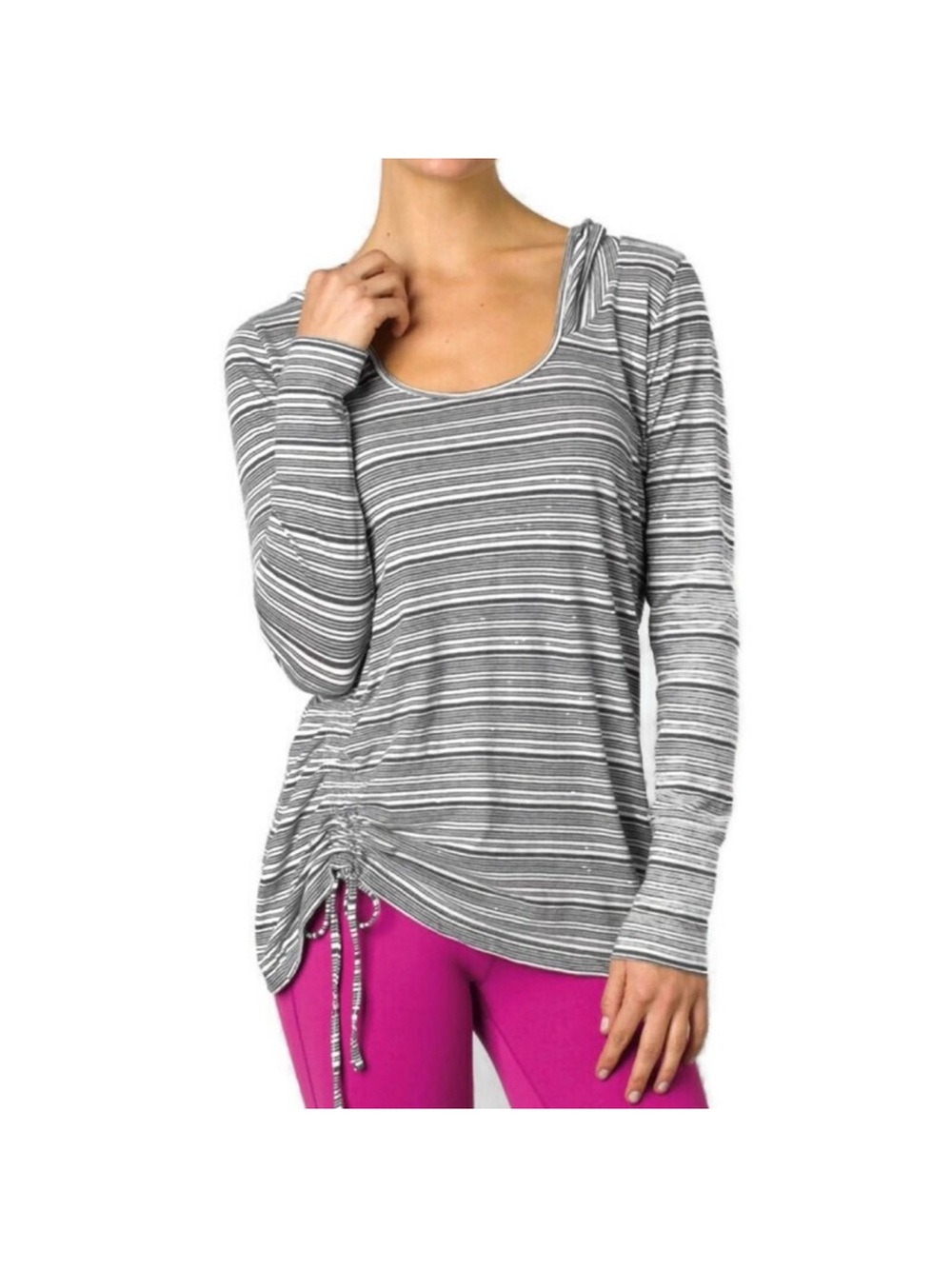 Prana Black Striped Lightweight Scoop Neck Long Sleeve Hoodie Top, size M - Picture 11 of 11